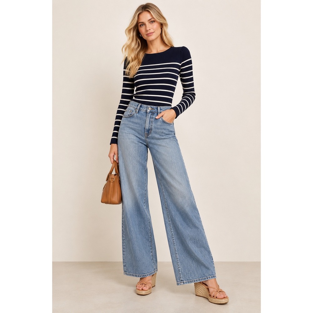 Elie Tahari Navy White Striped Ribbed Knit Puff Shoulder Top XS